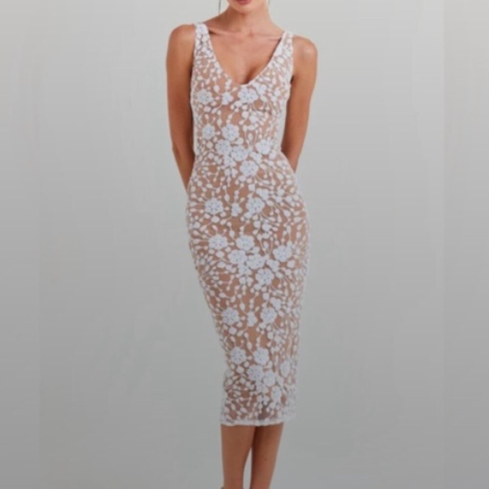 NADINE MERABI White Sheath Midi Dress V-Neck Sleeveless